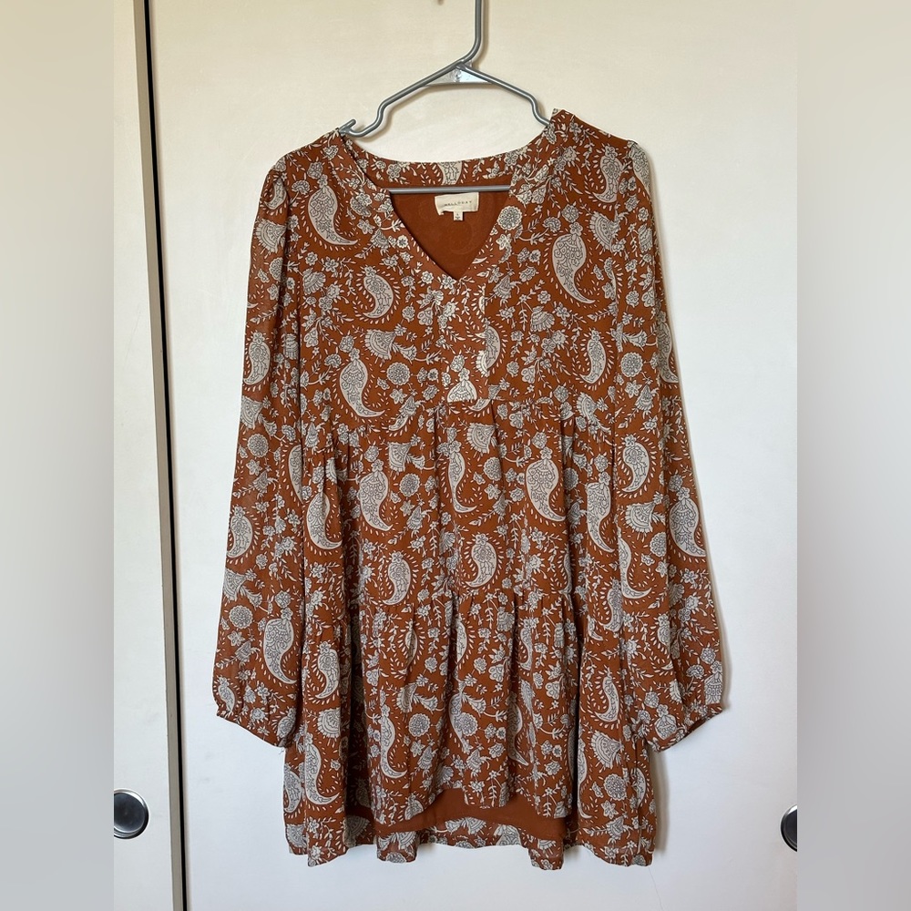 Melloday V-Neck Orange Paisley Print Babydoll Tunic Size L